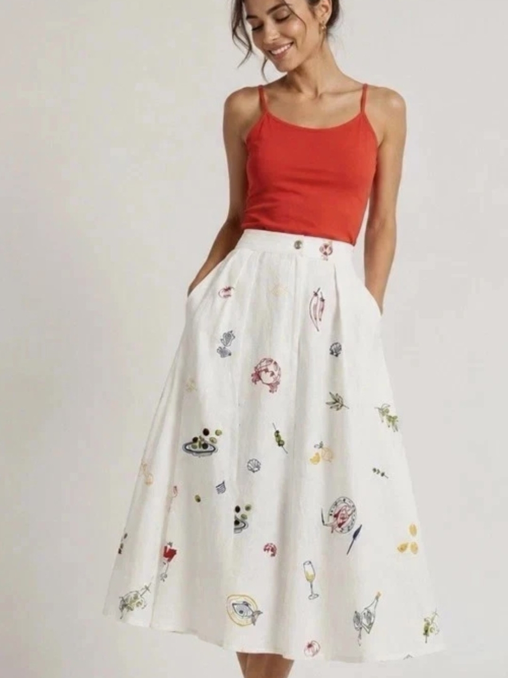 CAROLINE CONSTAS Off White Summer Embroidered Linen Blend Maxi Skirt Nwt Size 6